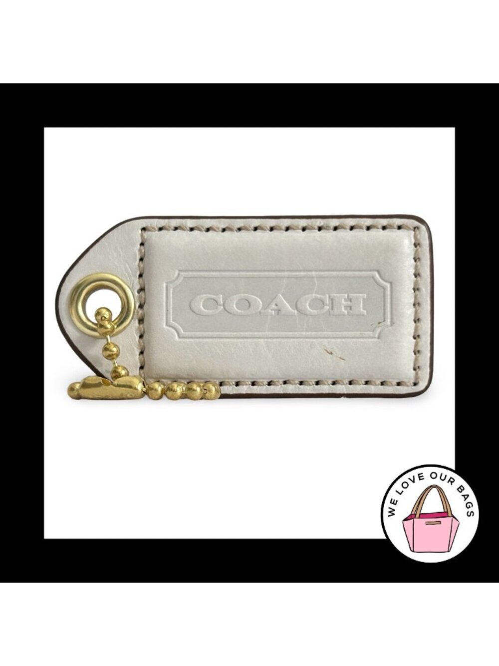 COACH Y2K VINTAGE Hang Tag 2.5" White Leather Bag Charm Keychain Fob Brass Large
